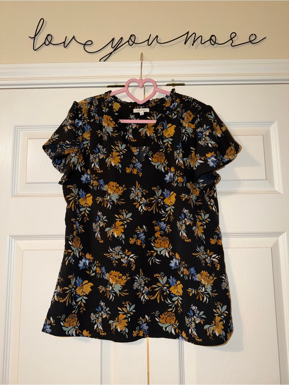 Maurices Black Floral Top with Mustard & Light Blue Blooms
